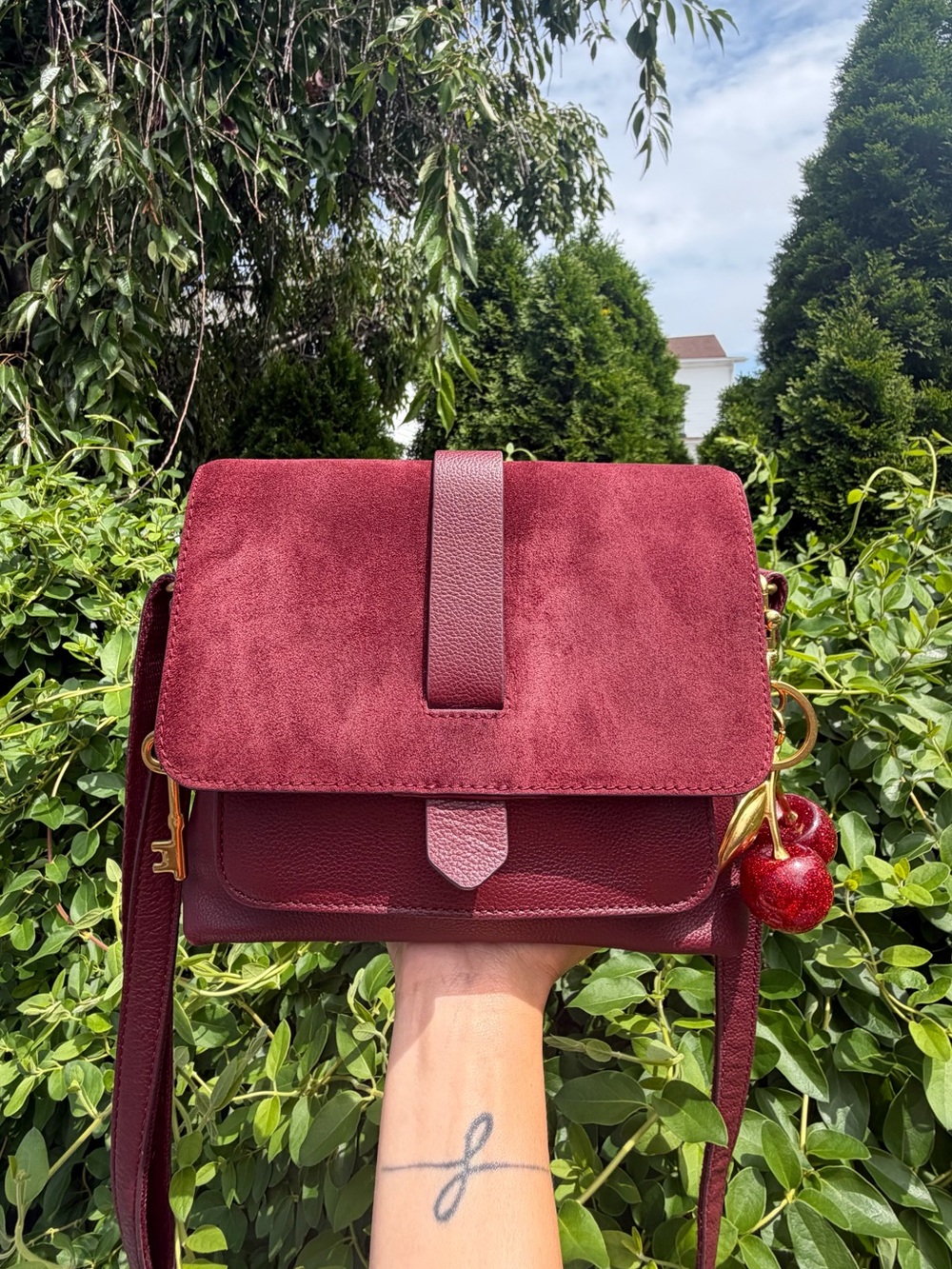 Fossil Kinley Burgundy Leather & Suede Crossbody Bag Boho Coquette Flap Purse